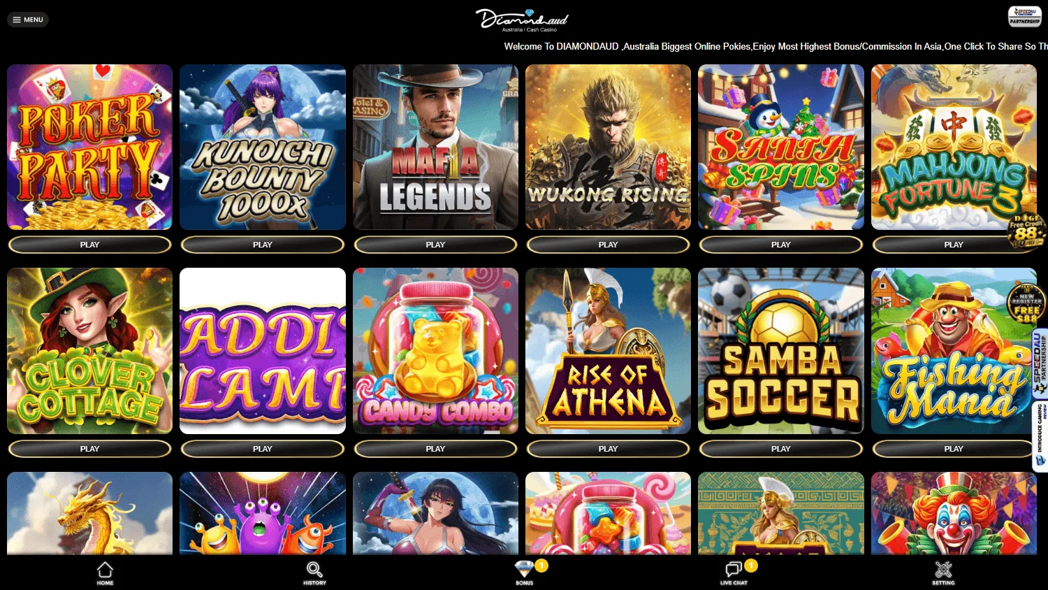 DiamondAUD Casino desktop game library