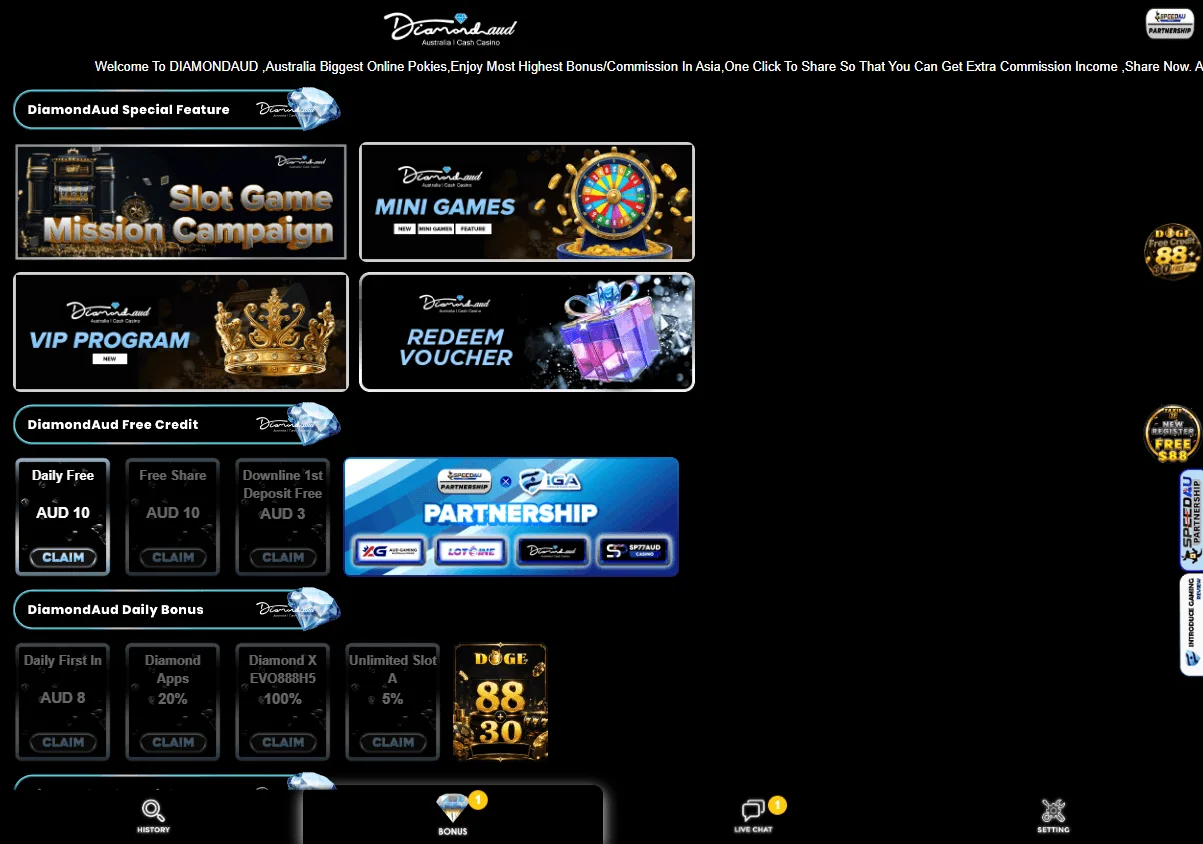 DiamondAUD Casino desktop promotions area