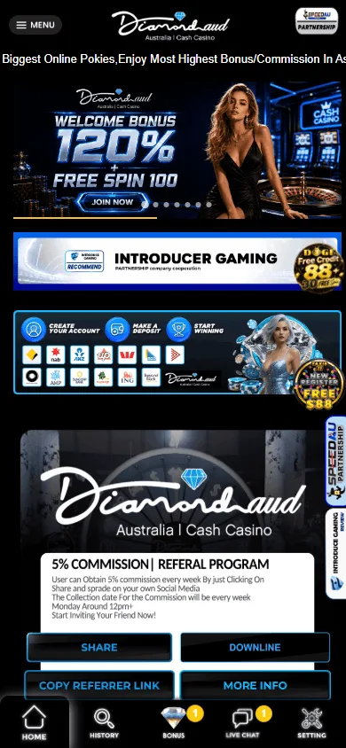 DiamondAUD Casino mobile home view