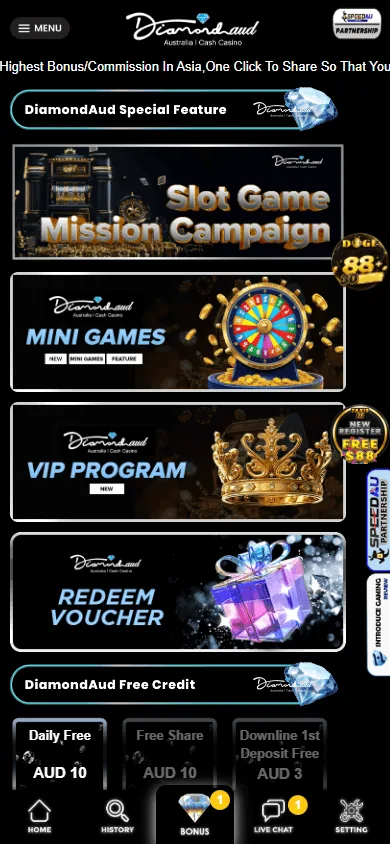 DiamondAUD Casino mobile promotions area